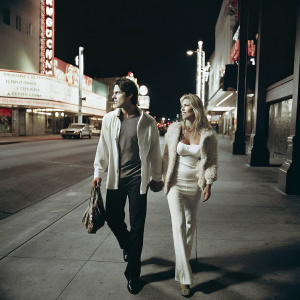 Tom Sandoval and Ariana Madix walking down the bustling Las Vegas Strip at night, under bright neon signs and billboards.