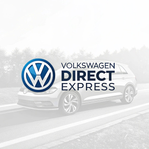 Modern logo design for Volkswagen Direct Express. Features sleek blue and gray color scheme. Stylized VW emblem on left. Bold sans-serif font highlights brand name. Professional and clean aesthetic.