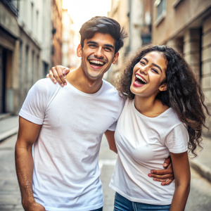 foto realista de dos personas latinas divirtiendose mostrando sus camisetas blancas en un fondo urbano