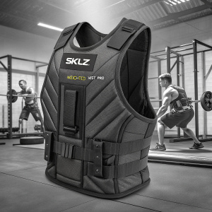 A high-quality image of the SKLZ Weighted Vest Pro. Featured in a gym setting, the vest's black and textured surface is highlighted. Secure fit with multiple straps and padding, SKLZ logo visible.