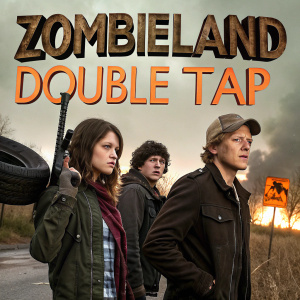 Poster for Zombieland: Double Tap featuring Woody Harrelson, Jesse Eisenberg, Abigail Breslin, and Emma Stone. They are prepared for battle in an eerie, desolate outdoor scene with a weathered road sign in the background.