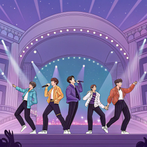 Tomorrow X Together, the vibrant Korean boy band, performing on a grand stage. Soobin, Hueningkai, Beomgyu, Yeonjun, and Taehyun are in a dynamic pose under a blend of mesmerizing purple and other vivid colors.