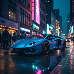 Blue Lamborghini Aventador in the middle of a bustling city street at night. Neon lights and busy crowd