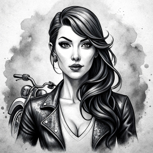 motorcycle bikerlady tattoo design - perfect realistic art - high-definition - grey and black - white background 