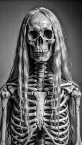 skeleton with long hair, realistic nails, and one nail chipped or broken