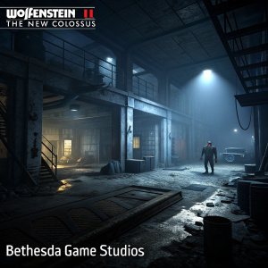 In-game screenshot from Wolfenstein II: The New Colossus. Dark, industrial setting with scattered debris. Dimly lit room with a single light source casting shadows. Color palette dominated by grays and blues. Bethesda Game Studios logo visible.