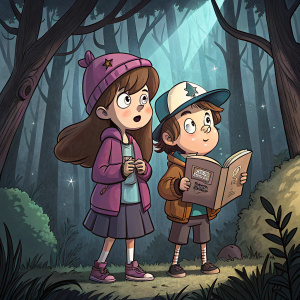 Comic book illustration of Mabel and Dipper Pines from Gravity Falls. Forest background with mysterious shadows
