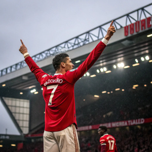 Cristiano Ronaldo in celebration pose at Old Trafford stadium. Manchester United jersey with number 7.