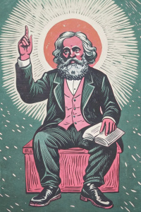 Karl marx sitting a a saint with halo over his head. Wearing a tux, holding a book closed close to his chest in one hand. pointing only one finger up to the sky in other hand. Sitting on a large Anvil. shoes visible in the drawing.