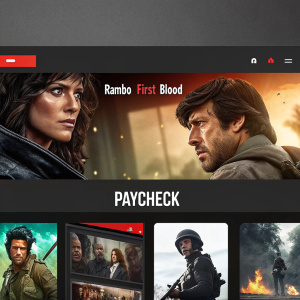 Screenshot from Netflix app showcasing movie guide. Titles like 'Rambo: First Blood' and 'Paycheck' prominently featured.