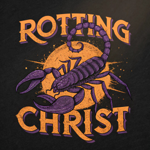 Digital artwork of Rotting Christ logo. Stylized scorpion in the center with a gnarly texture in purple. Text in bold heavy metal font, orange and dark shades. Dark background with high contrast, punk-inspired design.
