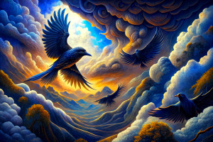 surreal drawing of beautiful ravens in flight, stormy clouds