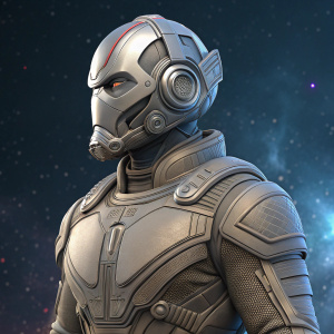 A detailed 3D rendering of Ant-Man from Marvel Comics. High-tech armor design. Rendered in gray, synthetic material. Set against a digital space background.