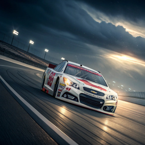 Quicken Loans Chevrolet SS race car zooming on an empty track, dark sky background