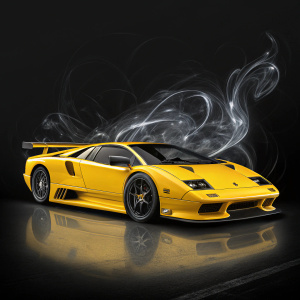 Custom Lamborghini Diablo on a sleek, black background. Yellow with black accents, low profile, sharp lines. Futuristic design with swirling smoke effects around the vehicle.