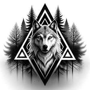 valknut runes pattern geometric symbols - wolf and trees - tattoo design - perfect realistic art - high-definition - grey and black - white background 