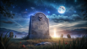 LOBO triste En la oscuridad de la noche, Que descanse en paz, el lobo sin esperanza, una lapida