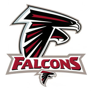 The Atlanta Falcons logo, featuring a sleek falcon silhouette in red, black, and white.