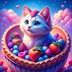 white beutiful cat in fruit tart, pastel 
