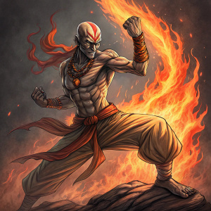 Dhalsim from Street Fighter, in a fierce fighting stance. Charcoal and ink sketch with fiery background. The flames in the background are in vivid orange and red tones.