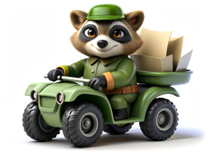 raccoon in military uniform, uniform in dark green pixel, sitting on an ATV, ATV is located on a pile of business papers and checks