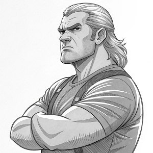 A detailed line art sketch of Brock Samson, 'The Venture Bros.' character. Strong, muscular figure, broad shoulders, stern facial expression. Background is plain white