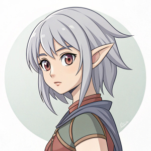 Digital art of a female elf character. Gray hair, anime style, focused expression. Simple, minimal background