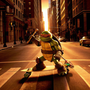 Michelangelo, Teenage Mutant Ninja Turtle, surfing on a skateboard through a bustling city street.
