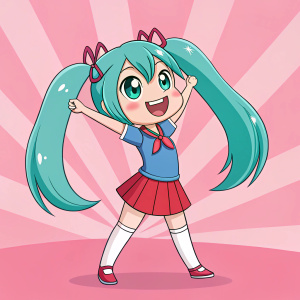 Hatsune Miku, a cheerful anime character, is illustrated with a wide grin. She's clad in a blue top, red skirt, and white socks. Her teal hair, adorned with pink highlights, is styled in twin-tails. Set against a pink gradient backdrop.
