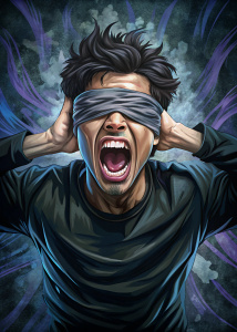 Blindfolded with black tape, Bangladeshi young man mouth sealed with tape, Screaming in pain, Messy Hair, in a dark room, Hands tied, wearing Black t-shirt, Simple background