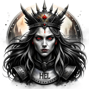 Hel – Ruler of the Realm of the Dead - perfect realistic art - high definition - grey and black tattoo design - white background 