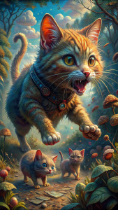 Generate pictures, The small cat runs around excitedly, but suddenly encounters a giant mouse and prepares for battle. 4k realistic high quality photos, hyperreallistic, hyperreal. 