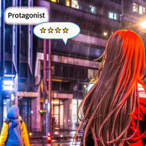 Long-haired female protagonist, intense gaze, against abstract grayscale background. Dialogue bubbles around her, narrative text detailing her journey.