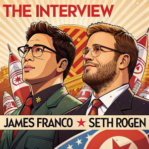 Promotional poster for 'The Interview'. Bright colors, James Franco and Seth Rogen in comedic outfits, North Korea theme, text in English and Korean.