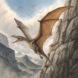 Illustration of a pterosaur in flight. Launching from rugged cliff face. Detailed textures of skin and rocks. Pencil sketch style