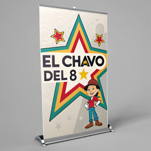 Promotional poster for 'El Chavo Del 8'. Colorful star with the text 'El Chavo Del 8' in bold font. Grey background, simple design