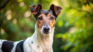 Perro Fox Terrier Chileno cuerpo blanco, con manchas negras y café claro en su cara, predominio del negro, con mucho estilo. Extremadamente bello.