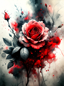 Chinese ink art mixed with red rose paintings, splashes of colored ink, colored stains, black and red tones on the empty space. white background