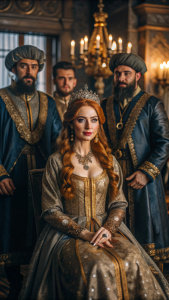 Roxelana, now known as Hürrem Sultan, is depicted in a scene where she rises in status and sits next to Sultan Süleyman in the grand Ottoman Palace. She is elegantly dressed in a rich, luxurious gown befitting her new position as Sultan's wife. Her copper hair is styled meticulously, and her blue eyes sparkle with determination and influence. Sultan Süleyman, seated beside her, shows respect and admiration for her wisdom and counsel. They are surrounded by courtiers and attendants in a lavishly 