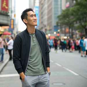 Jonatan Christie, Indonesian badminton player, on a bustling street. Dressed in casual wear. No background logos