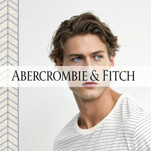 Homepage featuring 'Abercrombie & Fitch' in bold, sans-serif font. Clean, professional design with white background and subtle line pattern on the left side.