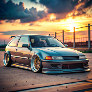 1990 honda civic, hatchback, race car, oversized wheels, very detailed rims, lowered, wide body kit, cinematic background