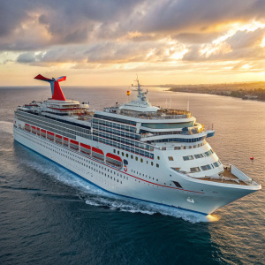The majestic Carnival Inspiration cruise ship, a Fantasy-class vessel of Carnival Cruise Lines. Majestic white and blue hull with red accents. Spectacular funnel and intricate design. Numerous decks filled with recreational and passenger spaces.