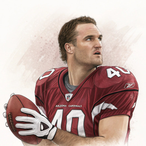 Illustration of Pat Tillman in his Arizona Cardinals jersey, number 40, holding a football. Intimate view