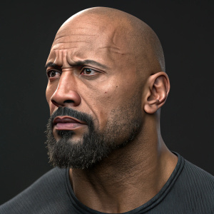 Digital 3D rendering of Dwayne Johnson, also known as The Rock. Close-up of his face. Bald head with thick beard.