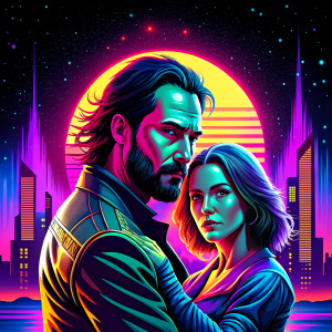 Lana del Rey and Johnny Silverhand(Keanu Reeves) from Cyberpunk 2077 hyperrealistic, high deta, dystopia core
