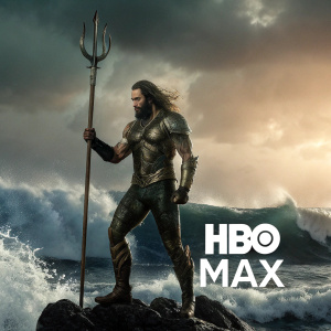 Jason Momoa as Aquaman in a bold promotional ad for HBO Max. Dramatic backdrop showcasing strength and determination. Spanish text included, HBO Max logo prominent on right.