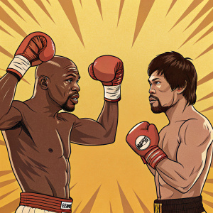 Cartoon illustration of Floyd Mayweather and Manny Pacquiao, boxing gloves raised, dramatic comic book style, warm yellow background, promotional poster.