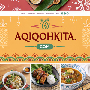 Website aqiqohkita.com showcases a vibrant array of Indonesian delicacies. Aesthetic layout with colorful images of traditional dishes, numerals, and text in Bahasa Indonesia.