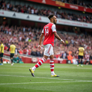 Clad in a vibrant Arsenal jersey, number 14 gleaming, Pierre-Emerick Aubameyang strides confidently onto the pitch. The arena buzzes with anticipation, a sea of fans in vibrant red and white stretch out in the background. His dark hair slicked back, eyes locked with determination. The roar of the crowd a symphony of support, Aubameyang's focus intense, his will unyielding.